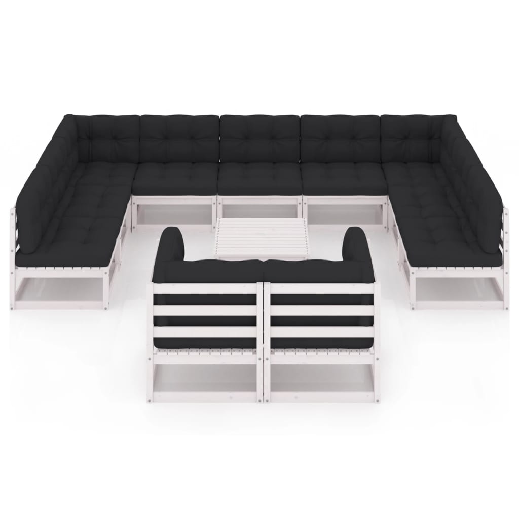 12-tlg. Garten-Lounge-Set mit Kissen Weiss Kiefer Massivholz